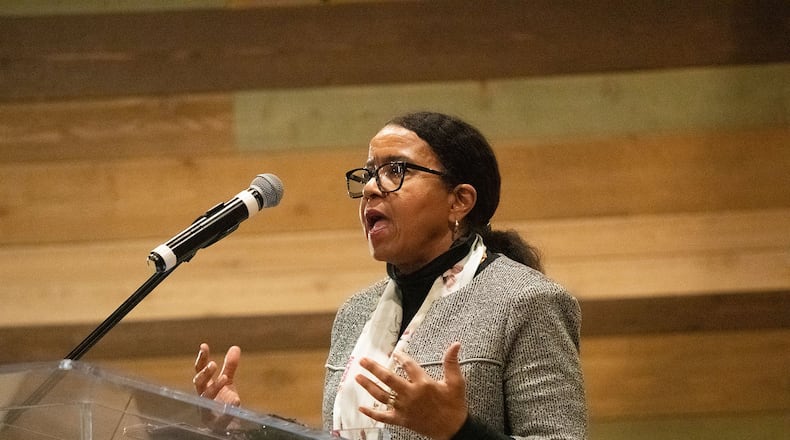 MARIETTA Executive Director of ACLU Georgia Andrea Young speaks during a town hall meeting to discuss the conditions at the Cobb County Detention Center Monday, Dec. 9, 2019 at Life Church in Marietta, Ga. PHOTO BY ELISSA BENZIE