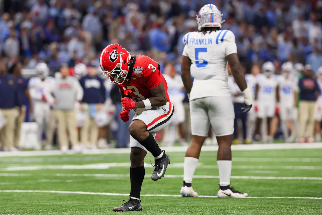 Georgia Bulldogs running back Nate Frazier celebrates a first down against the Ole Miss Rebels during the Sugar Bowl at the Caesars Superdome on Thursday, Jan. 1, 2026, in New Orleans. Frazier ran for 947 yards while scoring six touchdowns in 2025, emerging as the team’s leading running back. (Jason Getz/AJC)