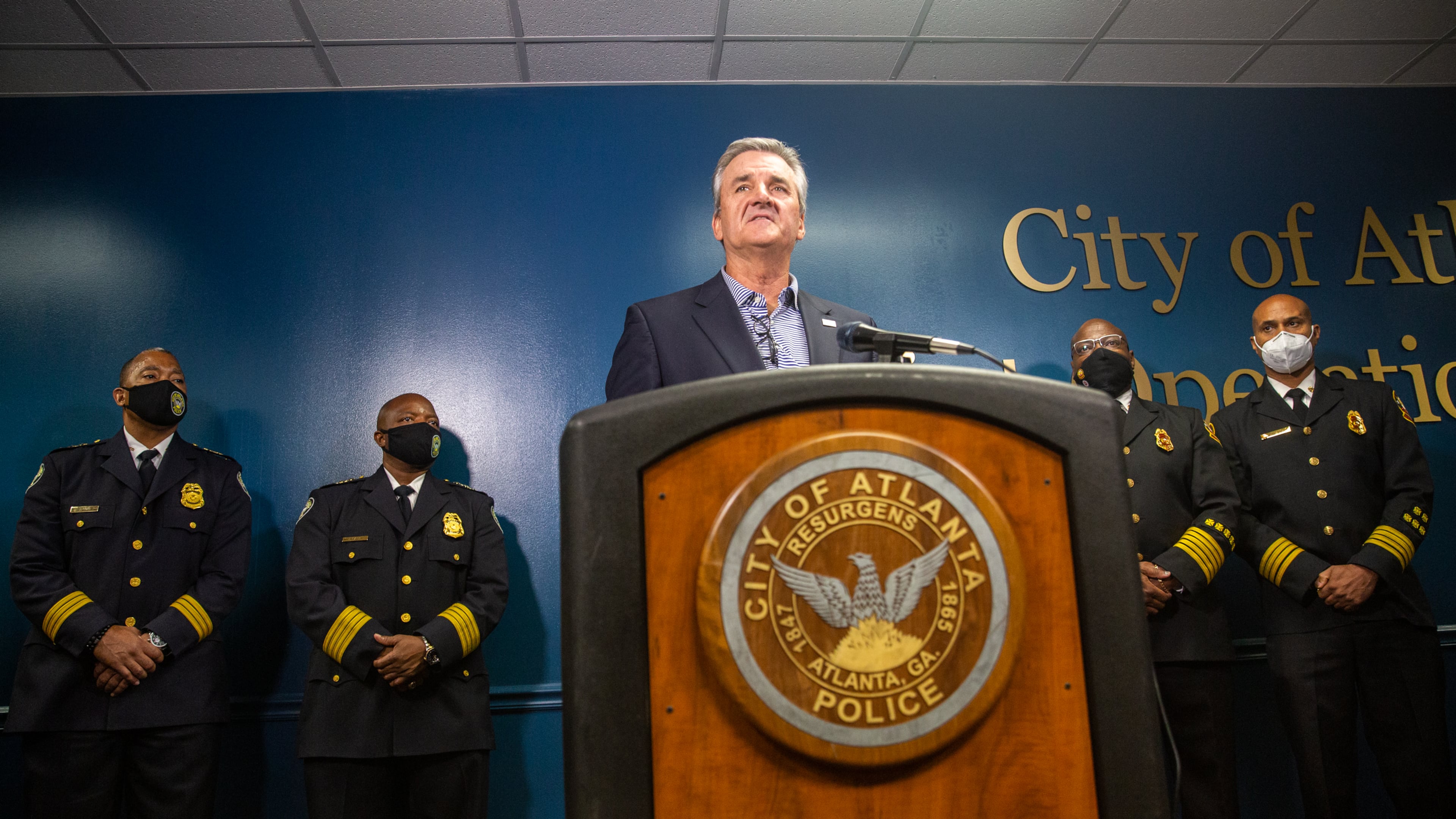Dave Wilkinson of the Atlanta Police Foundation addressed questions about the Public Safety Training Center facility, its location and the concerns of the community, 2021. (Jenni Girtman for The Atlanta Journal-Constitution)