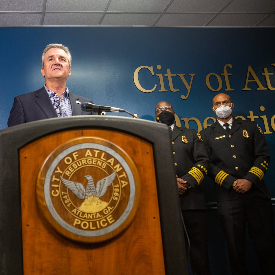 Dave Wilkinson of the Atlanta Police Foundation addressed questions about the Public Safety Training Center facility, its location and the concerns of the community, 2021. (Jenni Girtman for The Atlanta Journal-Constitution)