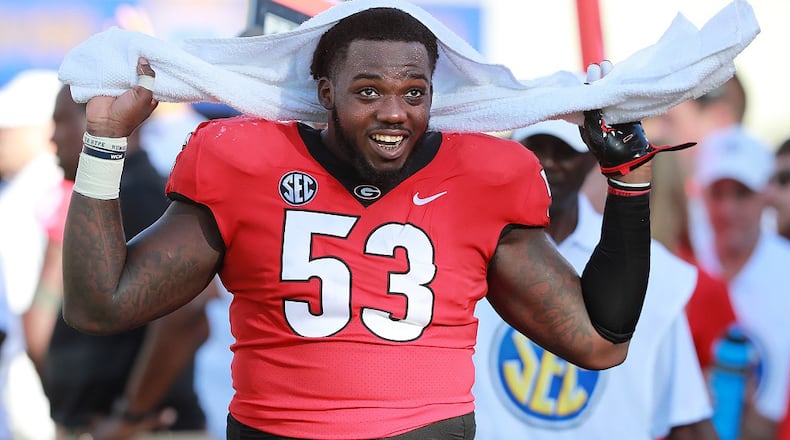 Georgia Bulldogs center Lamont Gaillard enjoys the victory over Austin Peay on Saturday, Sept 1, 2018, in Athens. Curtis Compton/ccompton@ajc.com