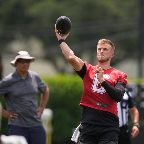 New Orleans Saints quarterback Tyler Shough (6) passes during practice at NFL football minicamp in Metairie, La., Tuesday, June 10, 2025. (Gerald Herbert/AP)