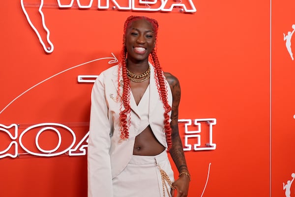 NC State's Saniya Rivers poses before the WNBA basketball draft, Monday, April 14, 2025, in New York. (AP Photo/Pamela Smith)