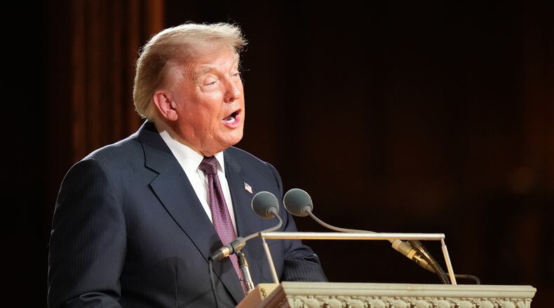 President Donald Trump speaks at the funeral of Sen. Lindsey Graham, R-S.C., at the Washington National Cathedral, Tuesday, July 28, 2026, in Washington. (AP Photo/Alex Brandon, Pool)
