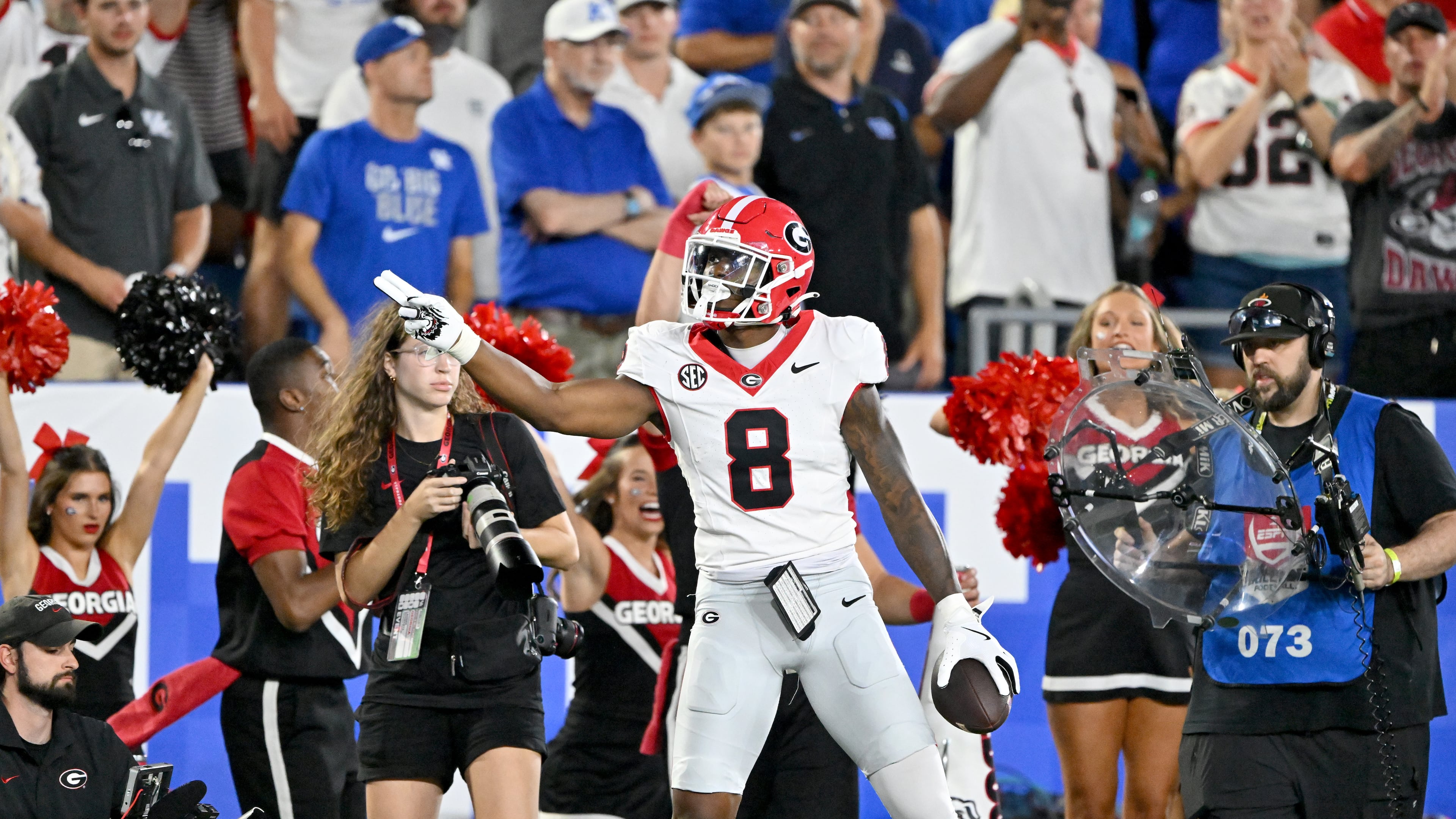 Georgia wide receiver Colbie Young celebrates after catching a long pass against Kentucky in September. Young missed the last nine games of last season due to a suspension. (Hyosub Shin/AJC)