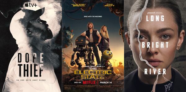 This combination of photos show promotional art for "Dope Thief," left, "Electric State," and "Long Bright River." (Apple TV+/Netflix/Peacock via AP)