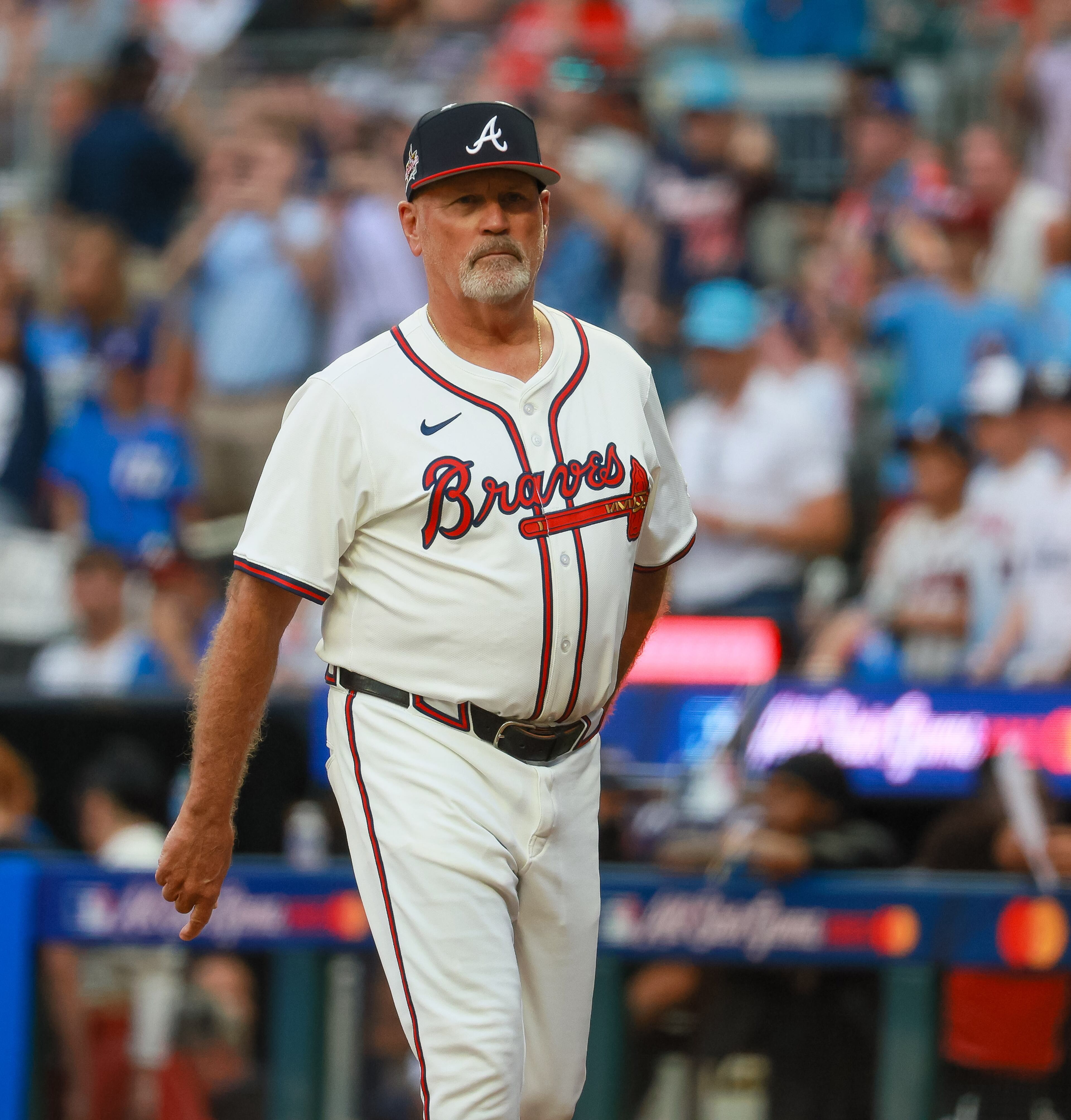 Atlanta Braves manager Brian Snitker participates in introductions for the MLB All-Star Game at Truist Park in Atlanta on Tuesday, July 15, 2025. (Jason Getz/AJC)