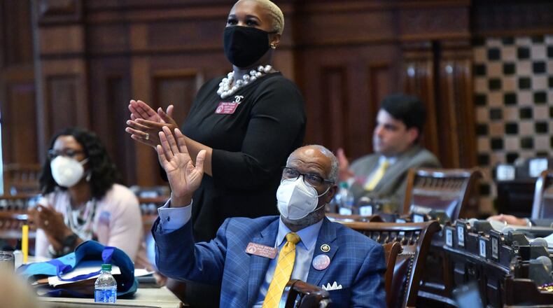 June 23, 2020 Atlanta - Rep Calvin Smyre (D-Columbus) waves as he is recognized after HB-426 passed in the House Chambers on day 37 of the legislative session at Georgia State Capitol on Tuesday, June 23, 2020. HB-426 passed. The bill Would implement stiffer penalties if those guilty of crimes are found to have been motivated by hate. (Hyosub Shin / Hyosub.Shin@ajc.com)