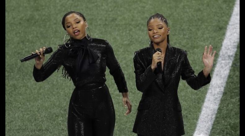 Atlanta’s Chloe x Halle perform before the NFL Super Bowl 53 football game between the Los Angeles Rams and the New England Patriots Sunday, Feb. 3, 2019, in Atlanta. (AP Photo/Charlie Riedel)