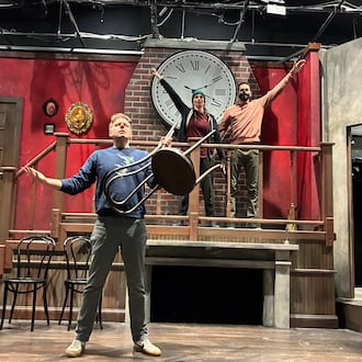 Adam Archer (lower level), Christina Cusack-Curbelo (from left on platform) and Josh Quinn rehearse for "Too Fast, Too Festivus," a Dad's Garage and Horizon Theatre Company coproduction. (Courtesy of Dad's Garage)