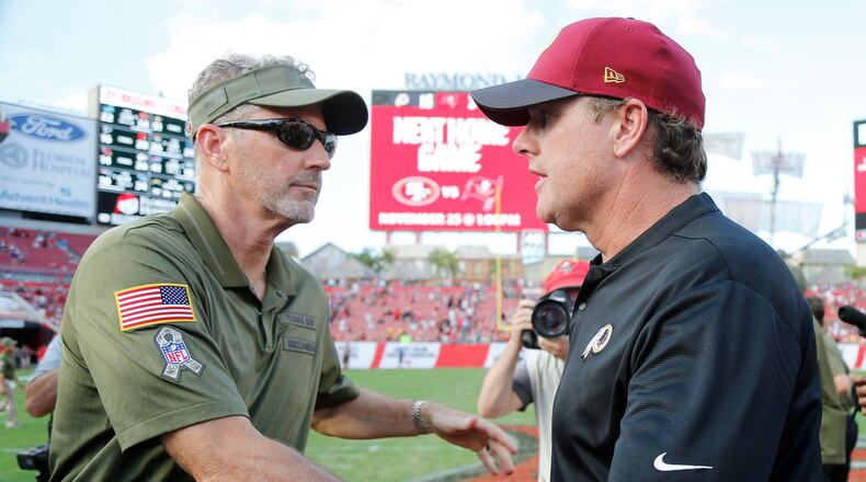 Buccaneers coach Dirk Koetter and Redskins coach Jay Gruden greet each other after Washington's 16-3 win.