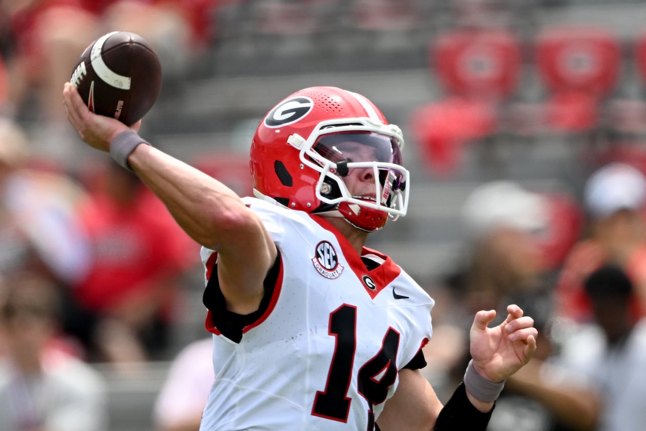 Georgia quarterback Gunner Stockton gets off a pass during 2026 G-Day spring football game at Sanford Stadium, Saturday, April 18, 2026, in Athens. (Hyosub Shin/AJC)