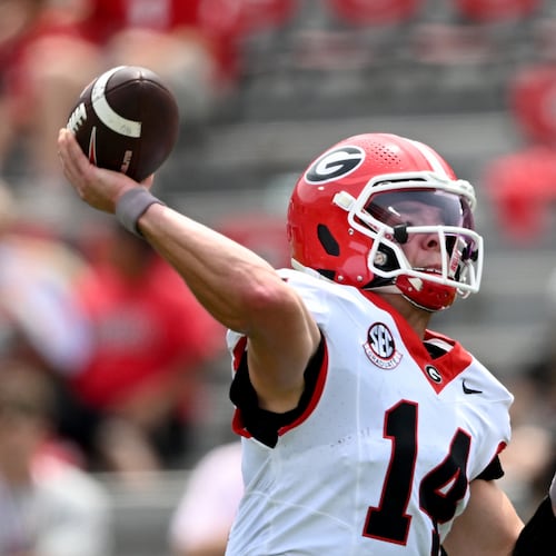 Georgia quarterback Gunner Stockton gets off a pass during 2026 G-Day spring football game at Sanford Stadium, Saturday, April 18, 2026, in Athens. (Hyosub Shin/AJC)
