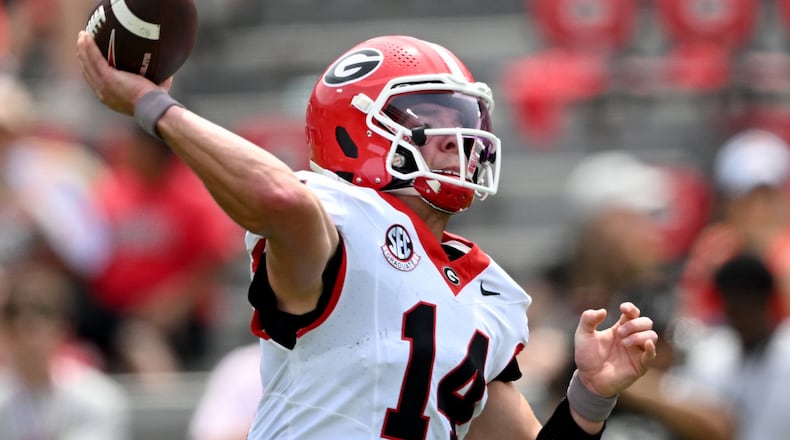 Georgia quarterback Gunner Stockton gets off a pass during 2026 G-Day spring football game at Sanford Stadium, Saturday, April 18, 2026, in Athens. (Hyosub Shin/AJC)