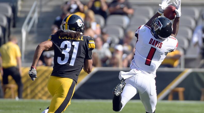 Atlanta Falcons wide receiver Reggie Davis (1) hauls in a pass after getting by Pittsburgh Steelers cornerback Ross Cockrell (31) in the first half of an NFL preseason football game, Sunday, Aug. 20, 2017, in Pittsburgh. (AP Photo/Fred Vuich)
