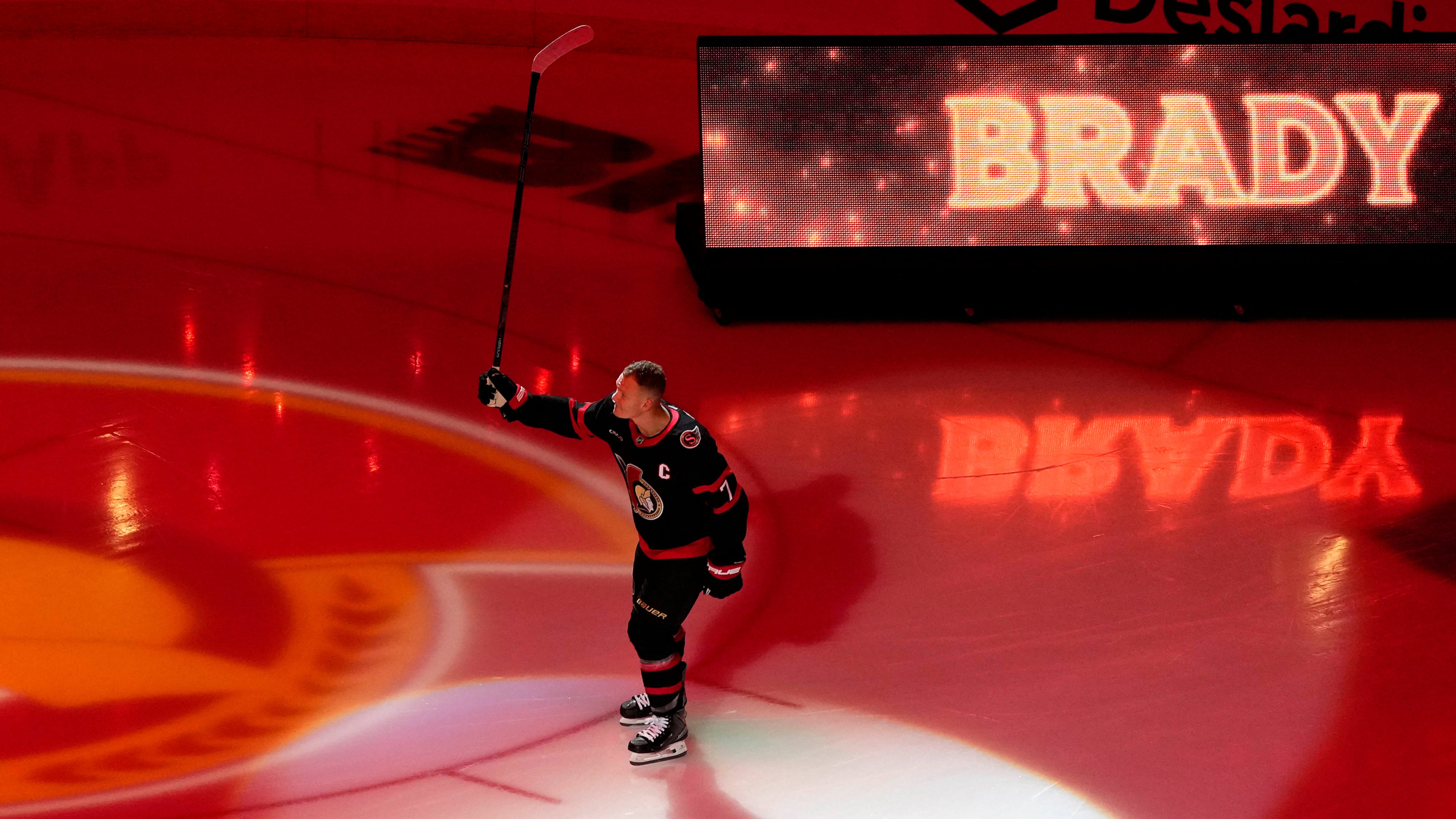 Ottawa Senators' Brady Tkachuk skates onto the ice before his team's home opener, an NHL hockey game against the Nashville Predators, in Ottawa, Monday, Oct. 13, 2025. (Justin Tang/The Canadian Press via AP)