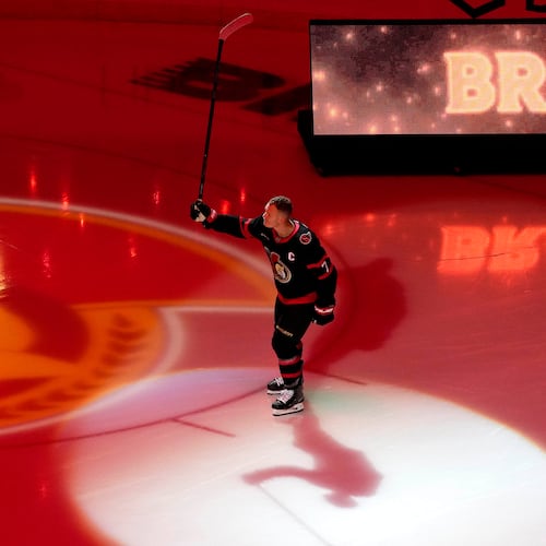 Ottawa Senators' Brady Tkachuk skates onto the ice before his team's home opener, an NHL hockey game against the Nashville Predators, in Ottawa, Monday, Oct. 13, 2025. (Justin Tang/The Canadian Press via AP)