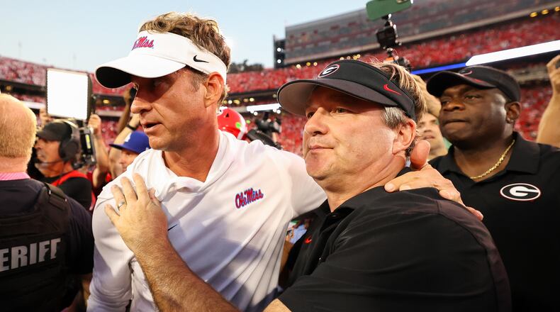 Lane Kiffin and Kirby Smart were among the coaches and leaders sounding off at SEC spring meetings. (Colin Hubbard/AP)