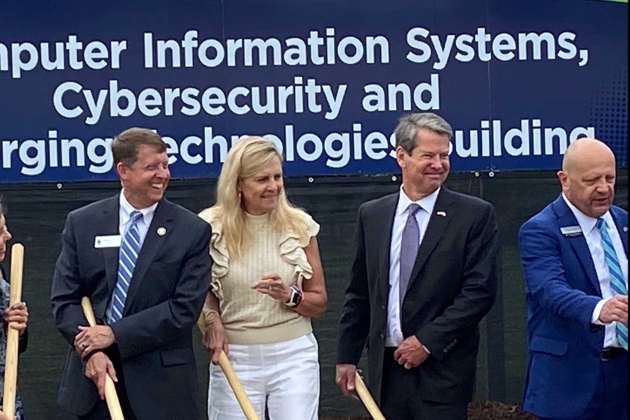 Georgia Gov. Brian Kemp, second from right, and Technical College System of Georgia Commissioner Greg Dozier, second from left, gathered at Gwinnett Technical College on June 7, 2021 to celebrate the groundbreaking of a new building on campus and renovation of an existing building. The state of Georgia has worked with the TCSG on several workforce development initiatives in recent years. (Eric Stirgus/AJC)