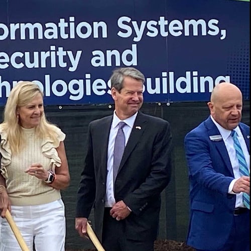 Georgia Gov. Brian Kemp, second from right, and Technical College System of Georgia Commissioner Greg Dozier, second from left, gathered at Gwinnett Technical College on June 7, 2021 to celebrate the groundbreaking of a new building on campus and renovation of an existing building. The state of Georgia has worked with the TCSG on several workforce development initiatives in recent years. (Eric Stirgus/AJC)