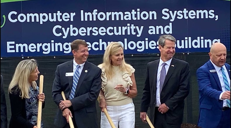 LAWRENCEVILLE - Several dozen elected officials and community leaders gathered at Gwinnett Technical College on Monday, June 7, 2021 to celebrate the groundbreaking of a new building on campus and renovation of an existing building. From left to right in this photo are Gwinnett Tech College board of directors chair Julie Haley, Technical College System of Georgia Commissioner Greg Dozier, First Lady Marty Kemp, Gov. Brian Kemp and Gwinnett Technical College President D. Glen Cannon. ERIC STIRGUS/ESTIRGUS@AJC.COM.