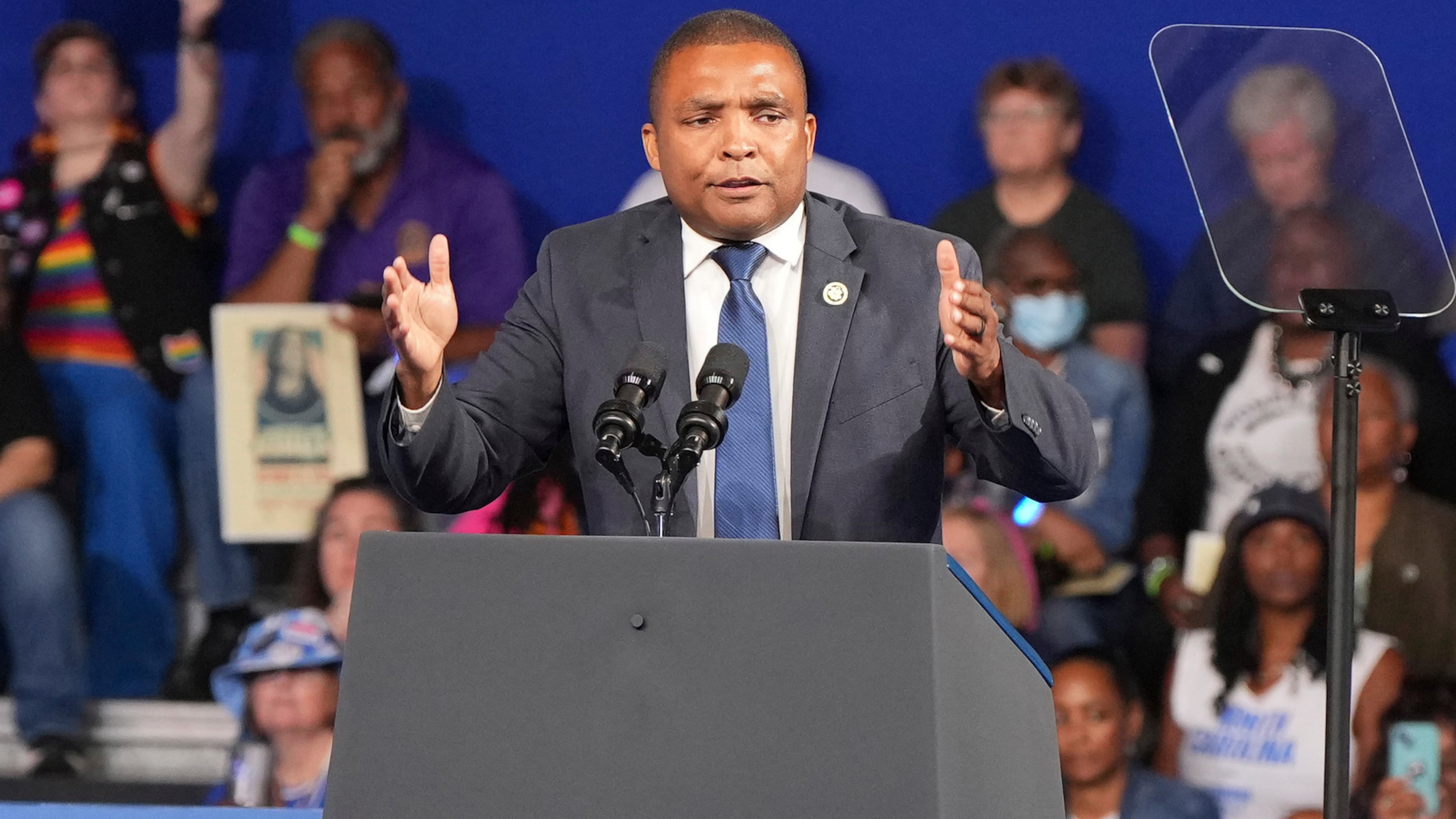 FILE - Rep. Don Davis, D-N.C., speaks at a campaign event for Democratic presidential nominee Vice President Kamala Harris, at East Carolina University, Oct. 13, 2024, in Greenville, N.C. (AP Photo/David Yeazell, File)