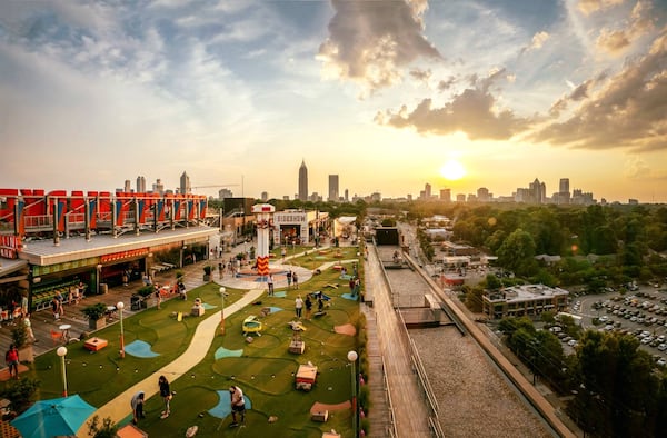 The mini golf course at Skyline Park on the roof at Ponce City Market affords a view of downtown, Midtown and north toward Buckhead. (Courtesy of Skyline Park)
