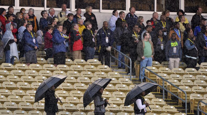 April 18, 2014. Plenty of seating available during Georgia Tech's rain soaked Spring Game at Bobby Dodd Stadium April 18, 2014. Many fans found shelter from the rain under the upper deck overhang. BRANT SANDERLIN /BSANDERLIN@AJC.COM .