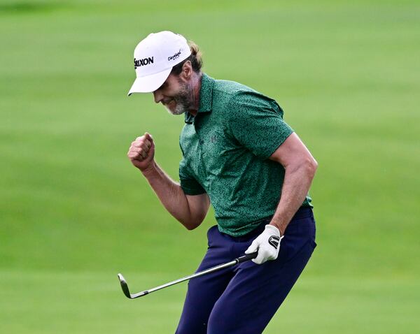 Mark Hensby reacts after chipping on to the 13th green and scoring a birdie during the third round of the 45th U.S. Senior Open Championship at The Broadmoor, Saturday, June 28, 2025, in Colorado Springs, Colo. (Andy Cross/The Denver Post via AP)