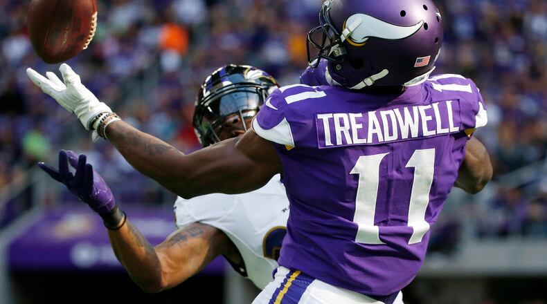 Vikings wide receiver Laquon Treadwell attempts a reception over Baltimore cornerback Brandon Carr (background) during the first half Sunday, Oct. 22, 2017, in Minneapolis. The Falcons acquired Treadwell ahead of the 2020 season.