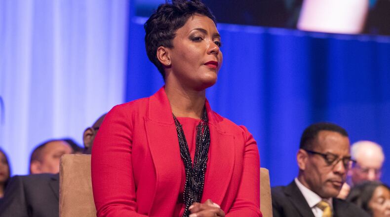 Mayor Keisha Lance-Bottoms listens to speakers at her inauguration on Jan. 2, 2018. ALYSSA POINTER/ALYSSA.POINTER@AJC.COM