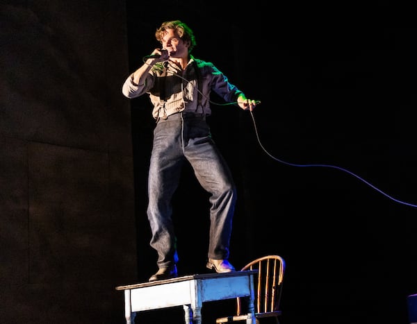 This image released by DKC/O+M shows Andrew Durand during a performance of “Dead Outlaw." (Matthew Murphy/DKC/O+M via AP)