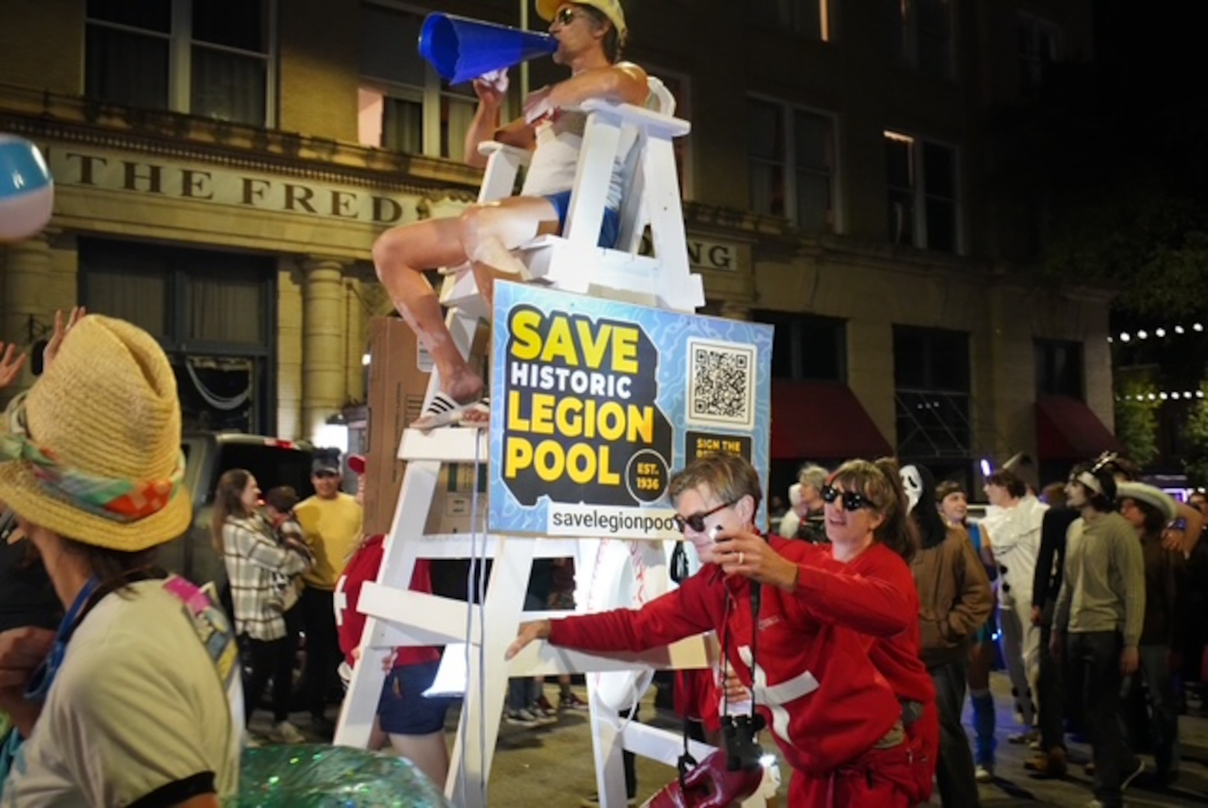 Legion Pool supporters attend the Wild Rumpus Halloween Parade in Athens on Saturday, Oct. 25, 2025. Since the announcement, the effort to save the pool has launched again. (Courtesy of Rinne Allen)