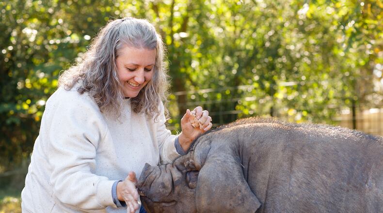 Laura Jensen is seen with Poppy Pickles, a Meishan hog that has become the farm mascot. Courtesy of Mary Ann Morgan Photography