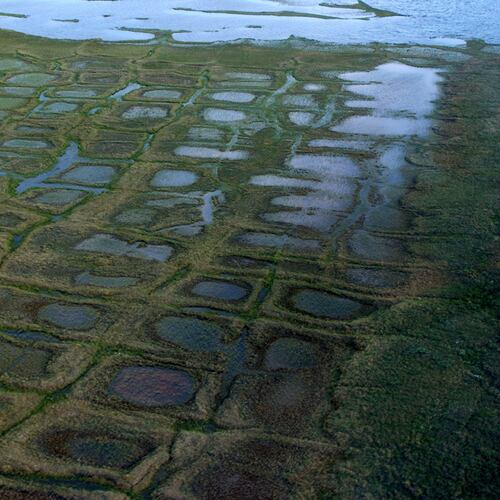 FILE - In this undated photo provided by the United States Geological Survey, permafrost forms a grid-like pattern in the National Petroleum Reserve-Alaska managed by the Bureau of Land Management on Alaska's North Slope. (David W. Houseknecht/United States Geological Survey via AP, File)