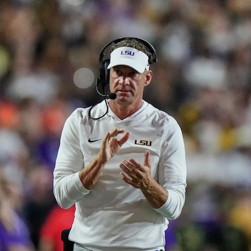LSU head coach Lane Kiffin reacts in the first half of an NCAA college football game against Clemson, Saturday, Sept. 5, 2026 in Baton Rouge, La. (AP Photo/Gerald Herbert)