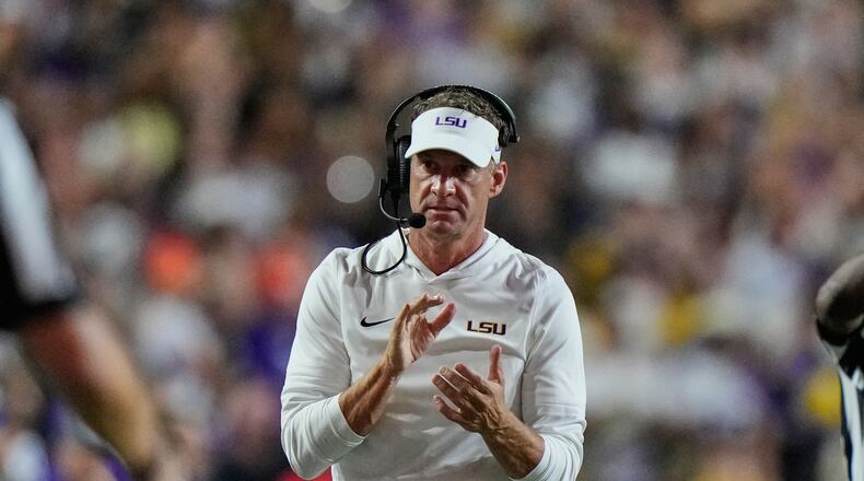 LSU head coach Lane Kiffin reacts in the first half of an NCAA college football game against Clemson, Saturday, Sept. 5, 2026 in Baton Rouge, La. (AP Photo/Gerald Herbert)