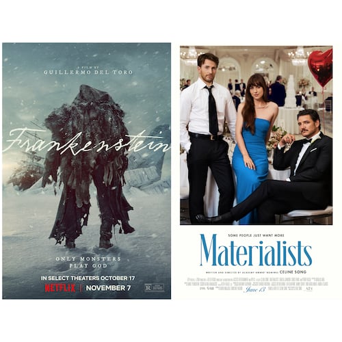 This combination of images shows promotional art for the films "The Fantastic Four: First Steps," from left, "Frankenstein," and "Materialists." (Marvel Studios/Netflix/A24 via AP)