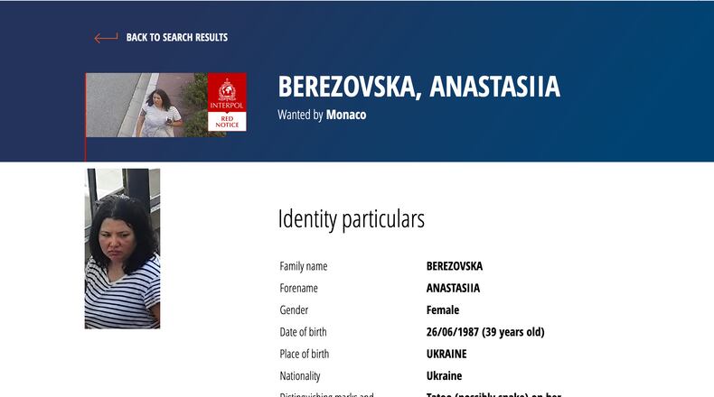 This screenshot of the Interpol webpage shows a Red Notice for Anastasiia Berezovska, a suspect in the Monaco bombing that reportedly targeted a Ukrainian tycoon with links to Russia. (Interpol via AP)