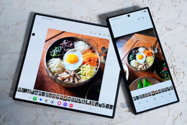 The new Galaxy Z Fold 7 is displayed during a Samsung preview event in New York, Monday, July 7, 2025. (AP Photo/Seth Wenig)
