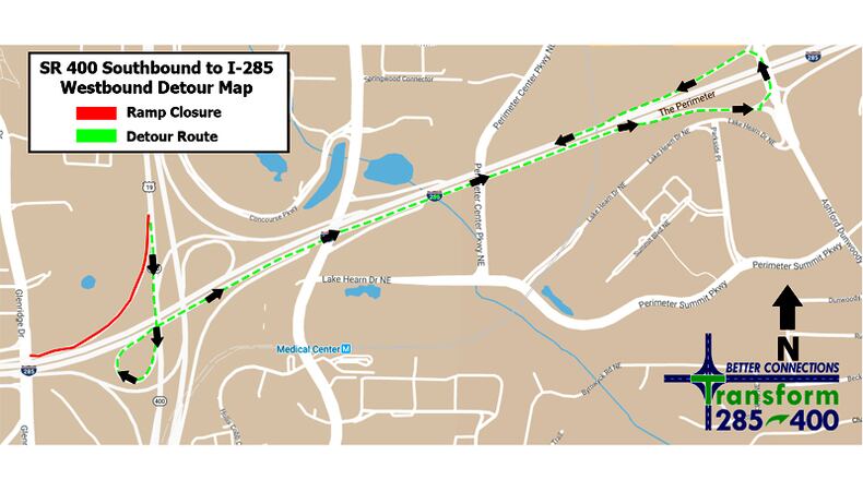 Map depicts the recommended detour when the Perimeter-area ramp from southbound Ga. 400 to westbound I-285 is closed. GEORGIA DEPARTMENT OF TRANSPORTATION