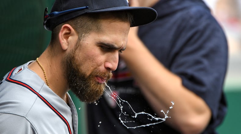 Braves center fielder Ender Inciarte opts to spit rather than swallow that sip of water during a game against Washington. Can't have that sort of thing now. (Photo by Mark Goldman/Icon Sportswire via AP Images)