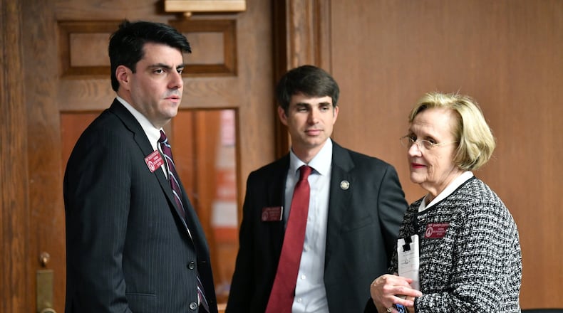From left, Rep. Chuck Efstration, Rep. John LaHood and Rep. Sharon Cooper gathered before a February press conference to announce legislation to reform the state’s assisted living and personal care industry. The Georgia House passed one bill sponsored by Cooper, R-Marietta, and supported by LaHood, R-Valdosta, whose family owns and operates senior care homes. Efstration, R-Dacula, is sponsor of another bill that has yet to come up for House vote. (Hyosub Shin / Hyosub.Shin@ajc.com)