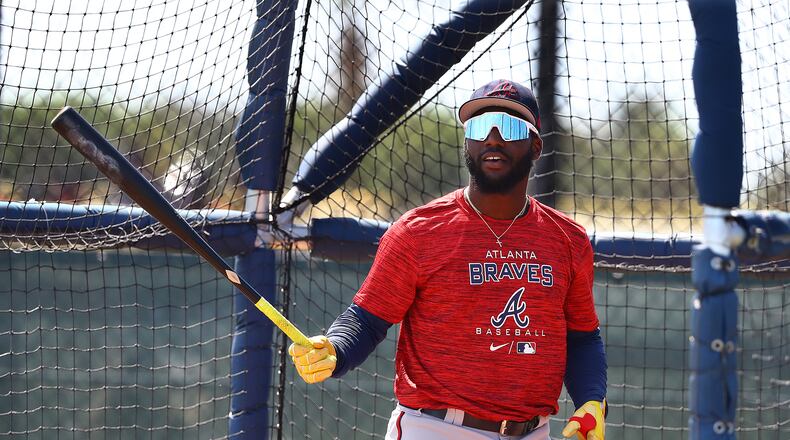 Braves outfielder Michael Harris takes batting practice on the first day of Braves minor league spring training camp Sunday, March 6, 2022, in North Port.  “Curtis Compton / Curtis.Compton@ajc.com”`