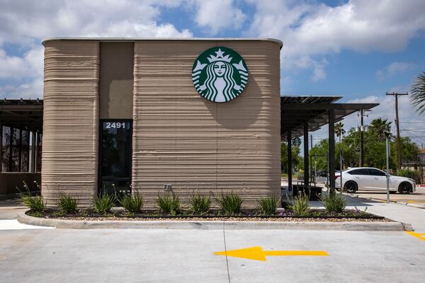 A general view shows a 3D printed Starbucks building Monday, April 28, 2025, in Brownsville, Texas. (AP Photo/Michael Gonzalez)