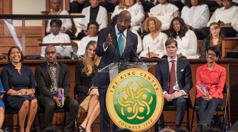 The Rev. Raphael G. Warnock speaks during the Martin Luther King, Jr. annual commemorative service at Ebenezer Baptist Church in Atlanta on Monday, Jan. 20, 2020. BRANDEN CAMP/SPECIAL