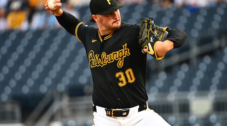 Pittsburgh Pirates pitcher Paul Skenes delivers during the first inning of a baseball game against the Colorado Rockies in Pittsburgh, Tuesday, May 12, 2026. (AP Photo/Justin Berl)