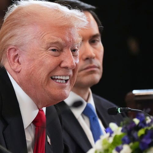 President Donald Trump attends a dinner with leaders from countries in Central Asia, Thursday, Nov. 6, 2025, in the East Room of the White House in Washington. (AP Photo/Jacquelyn Martin)
