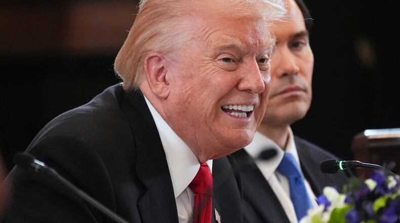 President Donald Trump attends a dinner with leaders from countries in Central Asia, Thursday, Nov. 6, 2025, in the East Room of the White House in Washington. (AP Photo/Jacquelyn Martin)