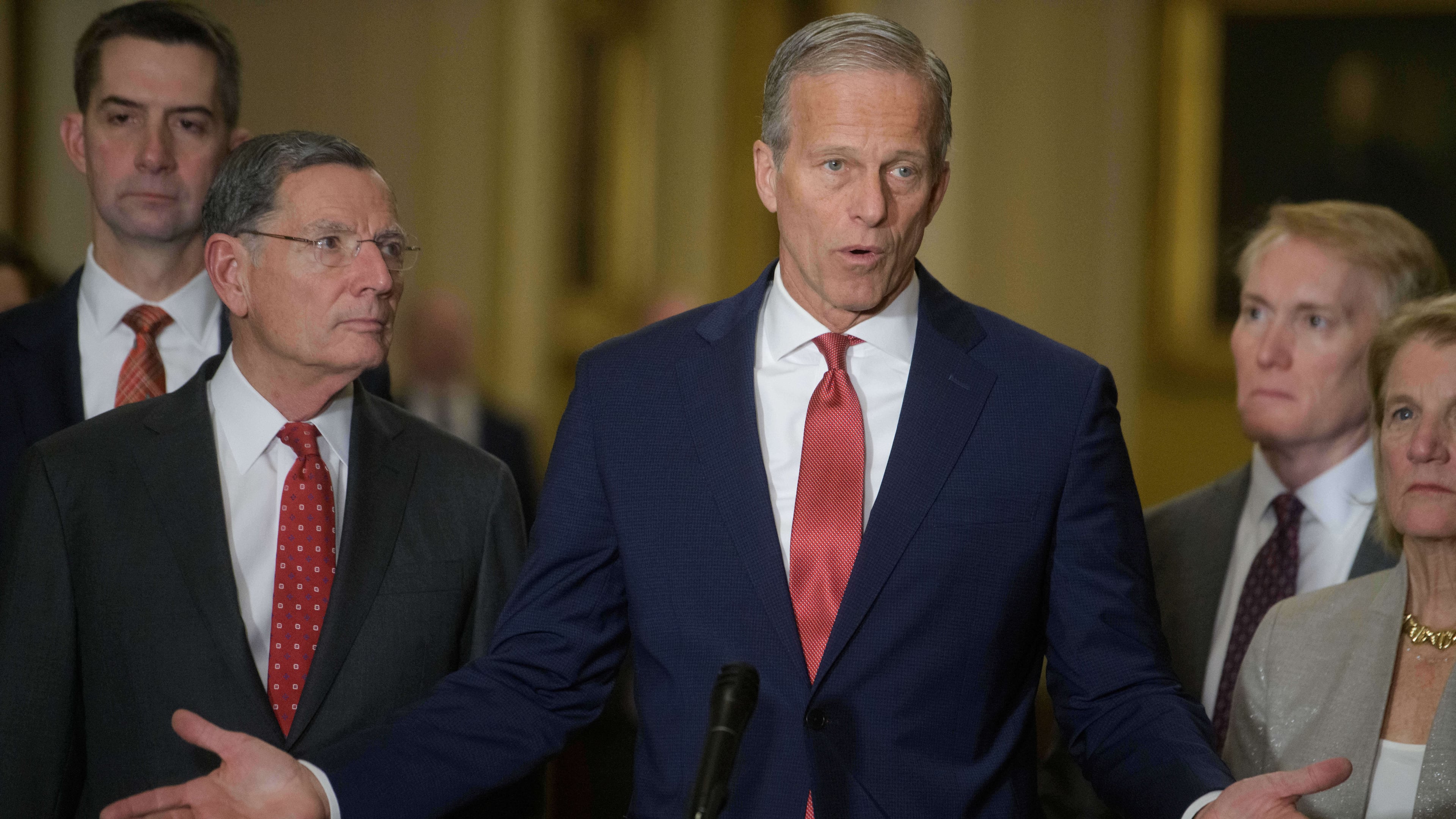 Senate Majority Leader John Thune, R-S.D., center, is joined by from left: Sen. Tom Cotton, R-Ark., Sen. John Barrasso, R-Wyo., Sen. James Lankford, R-Okla., and Sen. Shelley Moore Capito, R-W.Va., during the Senate Republican policy luncheon news conference at the Capitol, Tuesday, Dec. 2, 2025, in Washington. (AP Photo/Rod Lamkey, Jr.)